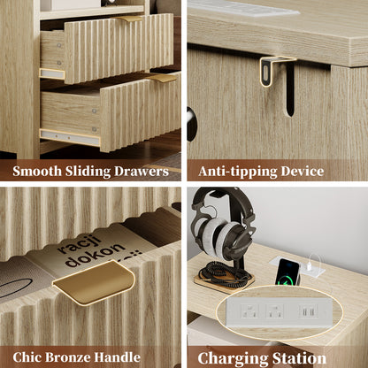 Satifur Modern Fluted Nightstand with Charging Station & 2 Storage Drawer for Bedroom,Light Oak Grain