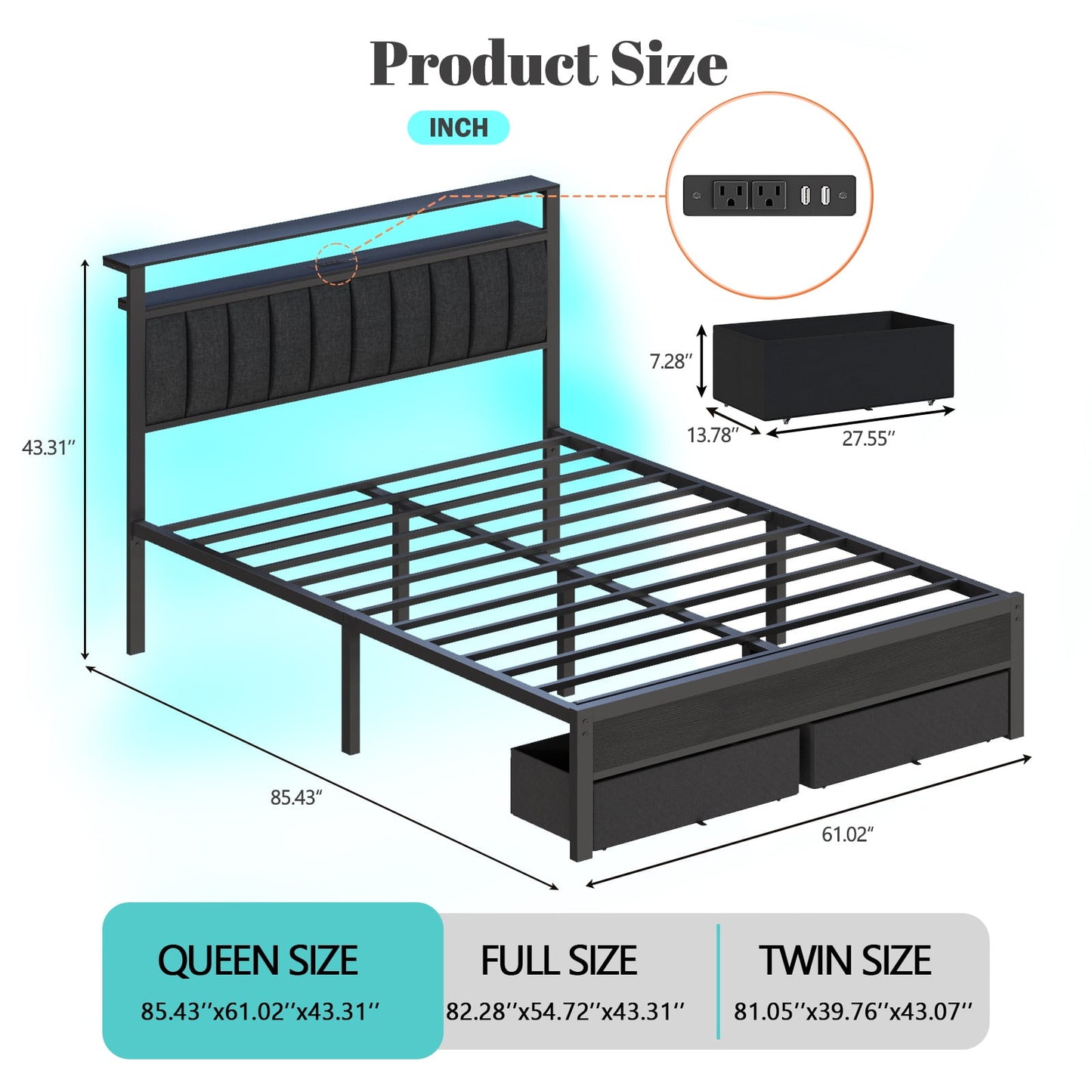 Hexmn Queen Bed Frame with Upholstered Storage Headboard & 2 Drawers, Platform Metal Bed with 2 USB Ports and Outlets, Under-bed Storage and Noise Free Design