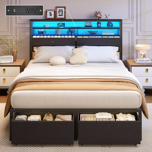 Satifur LED Full Bed Frame with Storage Headboard and Drawers,Heavy Duty Platform Bed with Charging Station, No Box Spring Needed