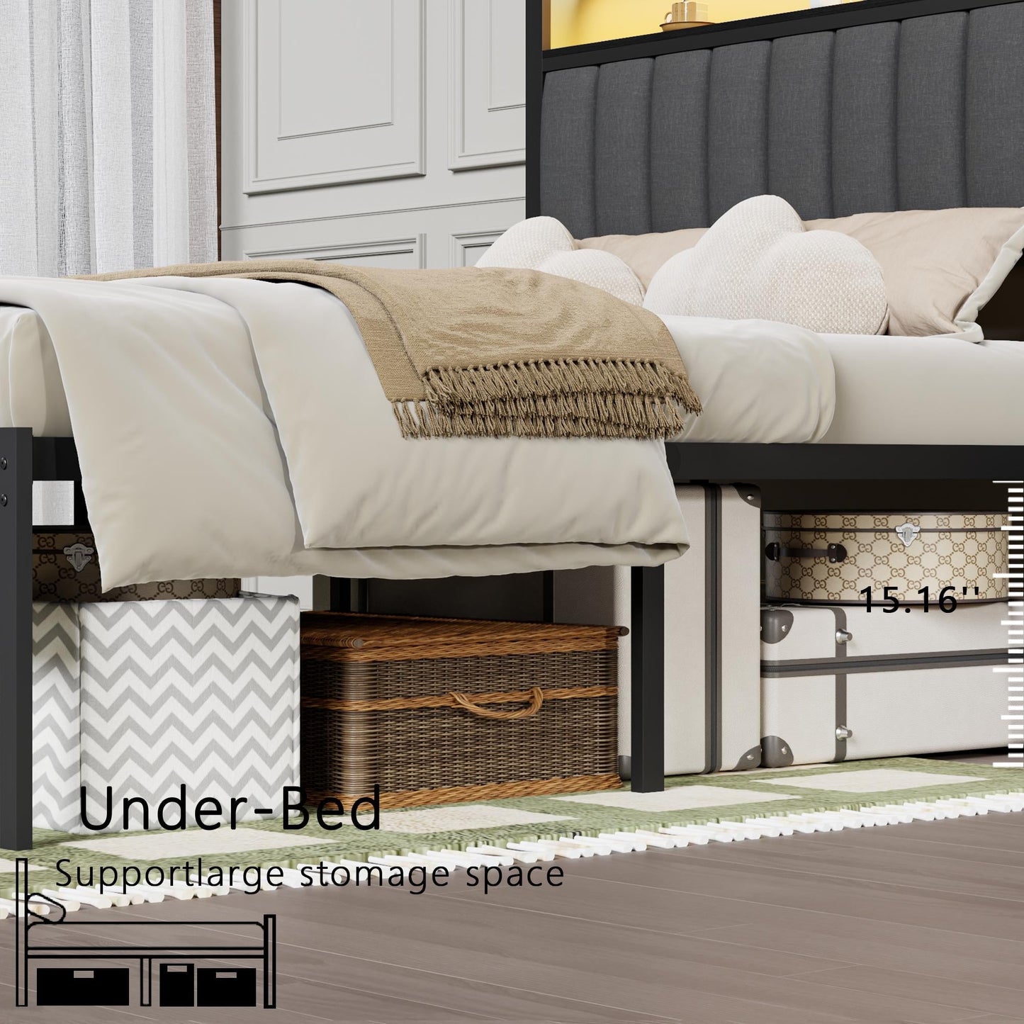 Hexmn Upholstered Underbed Storage Bed with Charging Station£¬LED Queen Size Bed Frame with Storage Shelves, Niose Free