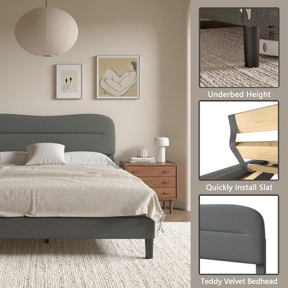 Tydimor Queen Bed Frame with Teddy Velvet Soft Curved Headboard, Platform Bed with Wooden Slats Support, Easy Assembly, Noise-Free, Dark Grey