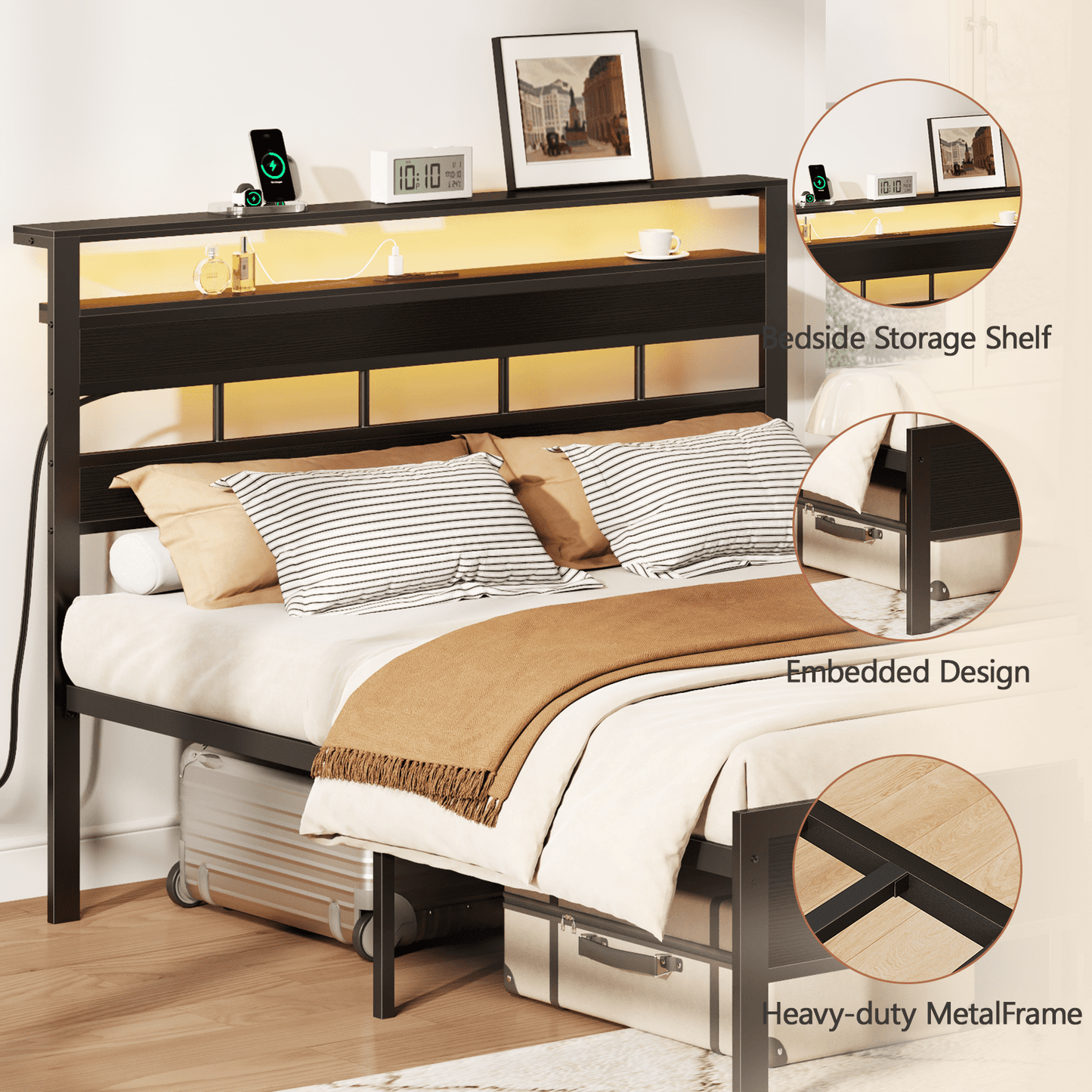 Tydimor LED Lighting Bed Frames Queen with Headboard Storage Shelves, USB Ports Queen Size Platform Bed Frame Steel Slats Support