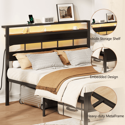 Tydimor LED Lighting Bed Frames Queen with Headboard Storage Shelves, USB Ports Queen Size Platform Bed Frame Steel Slats Support