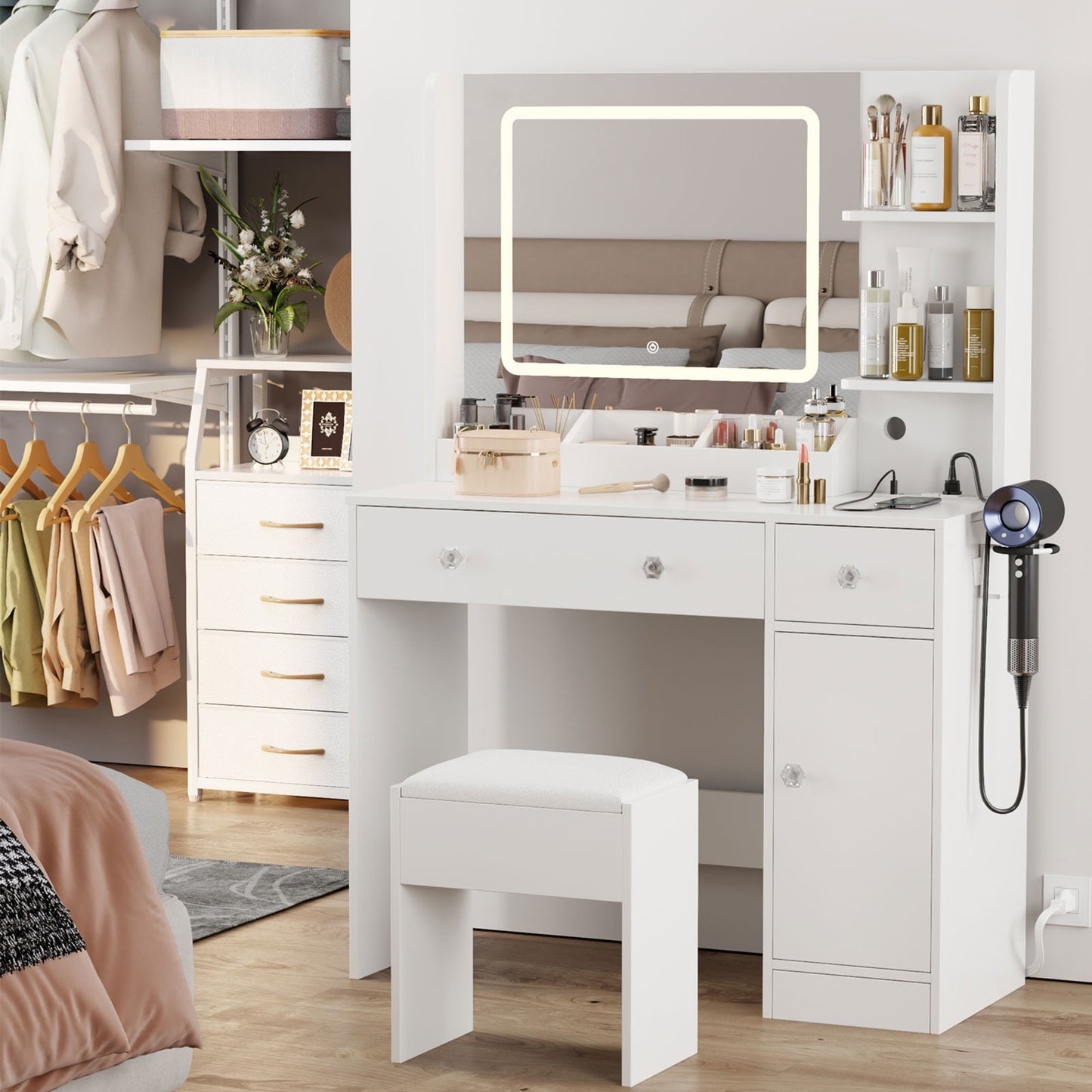 Hexmn square mirror Vanity Set with charging station, LED dressing tables with stools, drawers storage cabinet