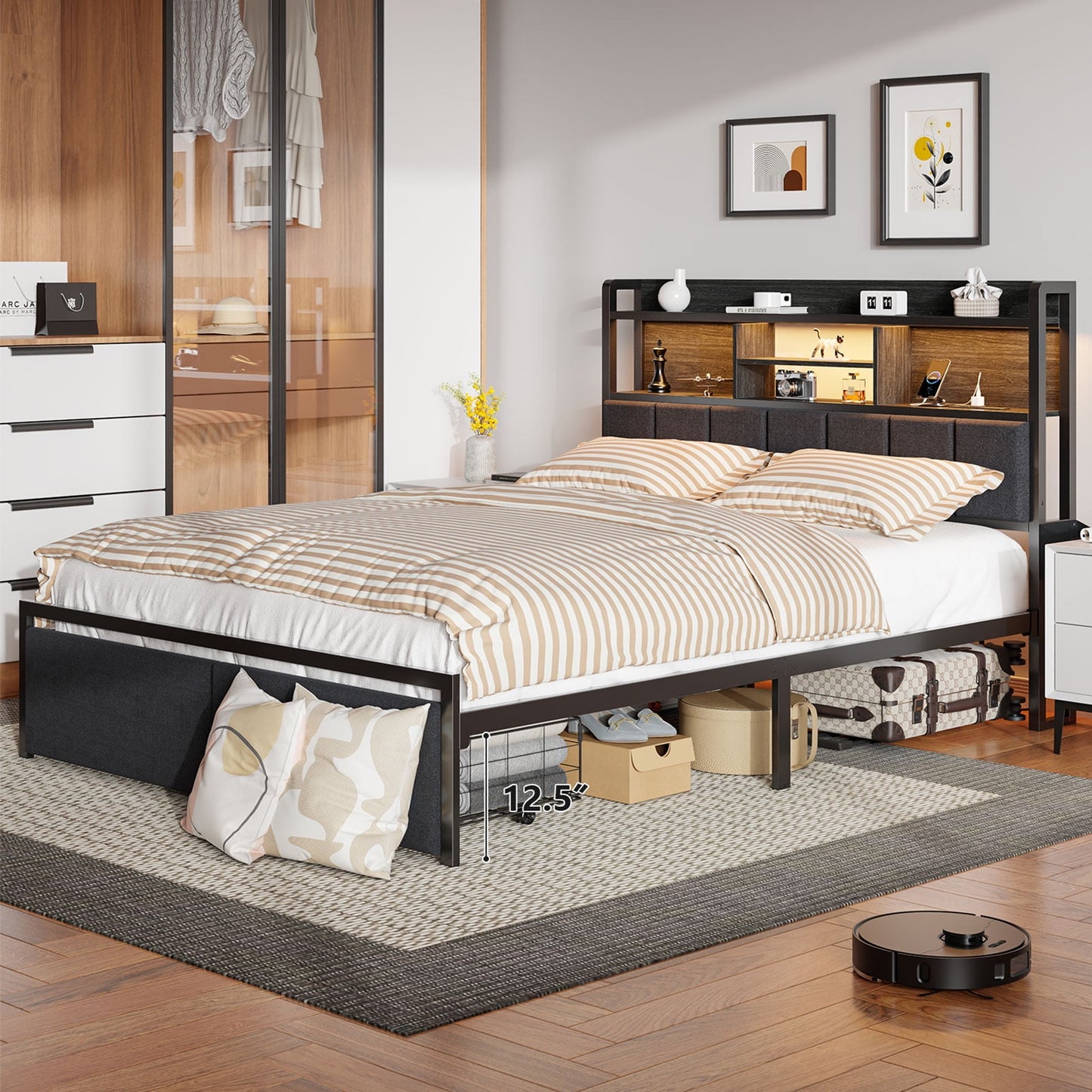 Satifur Queen Size Bed Frame with High LED Storage Headboard Shelf, Metal Bed Platform, Black