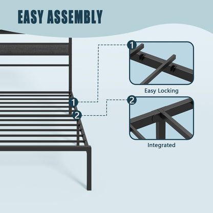 Tydimor Twin Size Bed Frame with USB Charging Station, LED Lights & Upholstered Headboard & Shelf, Metal Black