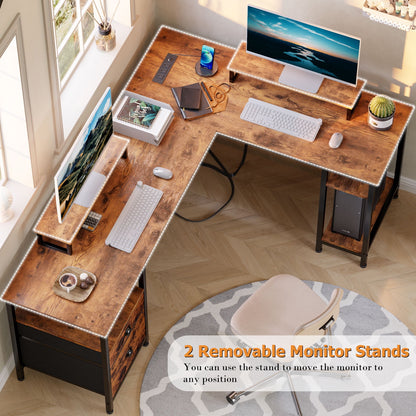 Furologee Computer Desk L-Shaped Reversible Desk with Drawers and 2 Monitor Stands, Rustic Brown