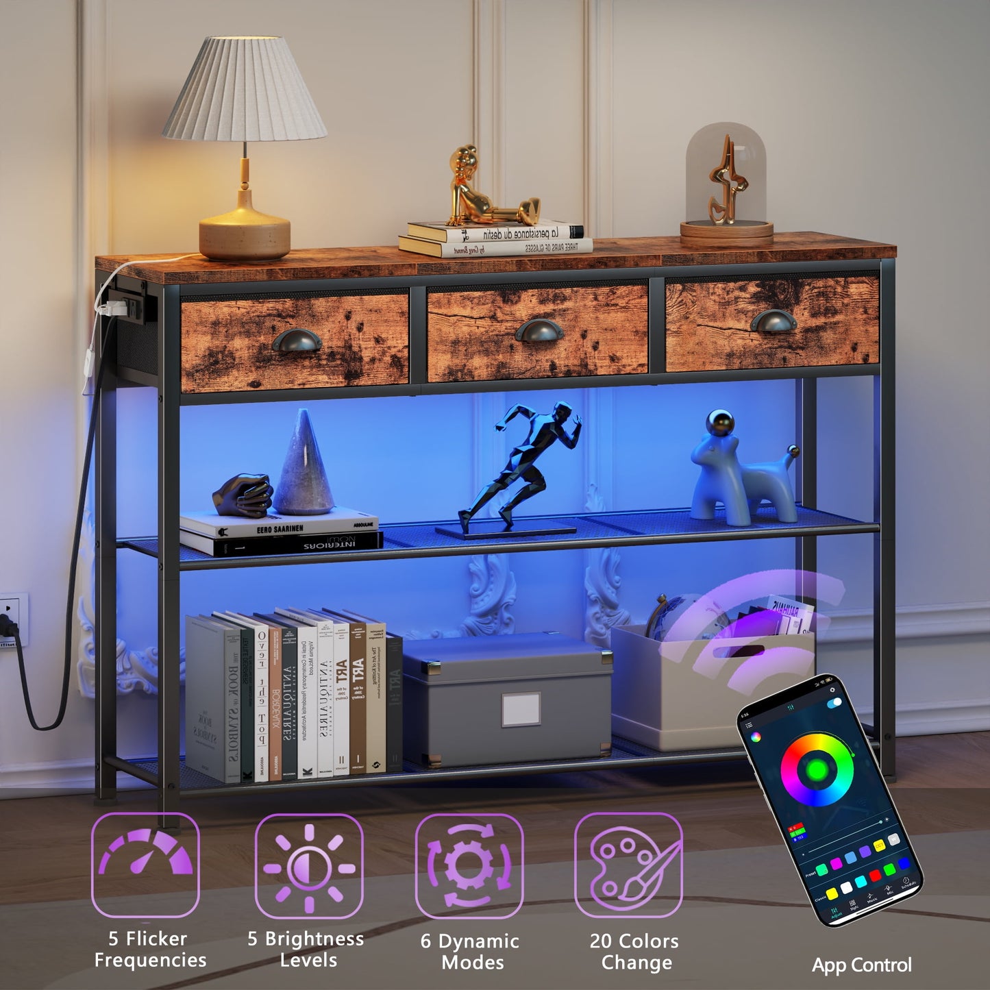 Satifur 38 inch Entryway Table with Power Outlets and Light, Console Table with 3 Fabric Drawers, Hallway Table, Rustic Brown