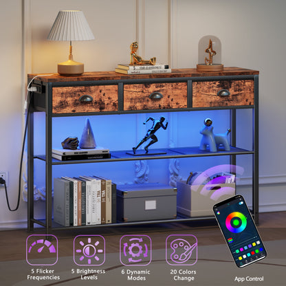 Satifur 38 inch Entryway Table with Power Outlets and Light, Console Table with 3 Fabric Drawers, Hallway Table, Rustic Brown