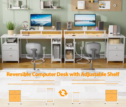 Furologee Gaming Desk with LED Light & Power Outlets, Reversible Computer Desk with File Cabinet & Drawer, White Writing Table with Dual Monitor Stand for Home/Office