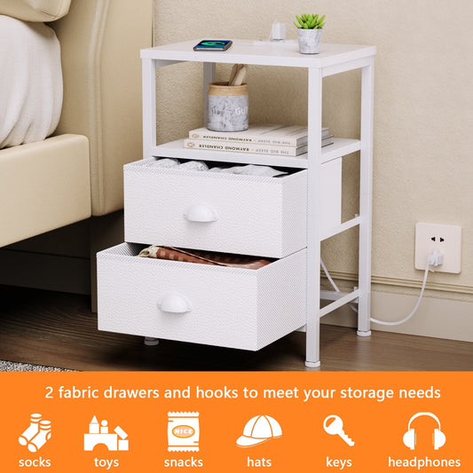 Satifur Bedside Table with Charging Station,LED Nightstand with 2 Fabric Drawers,White