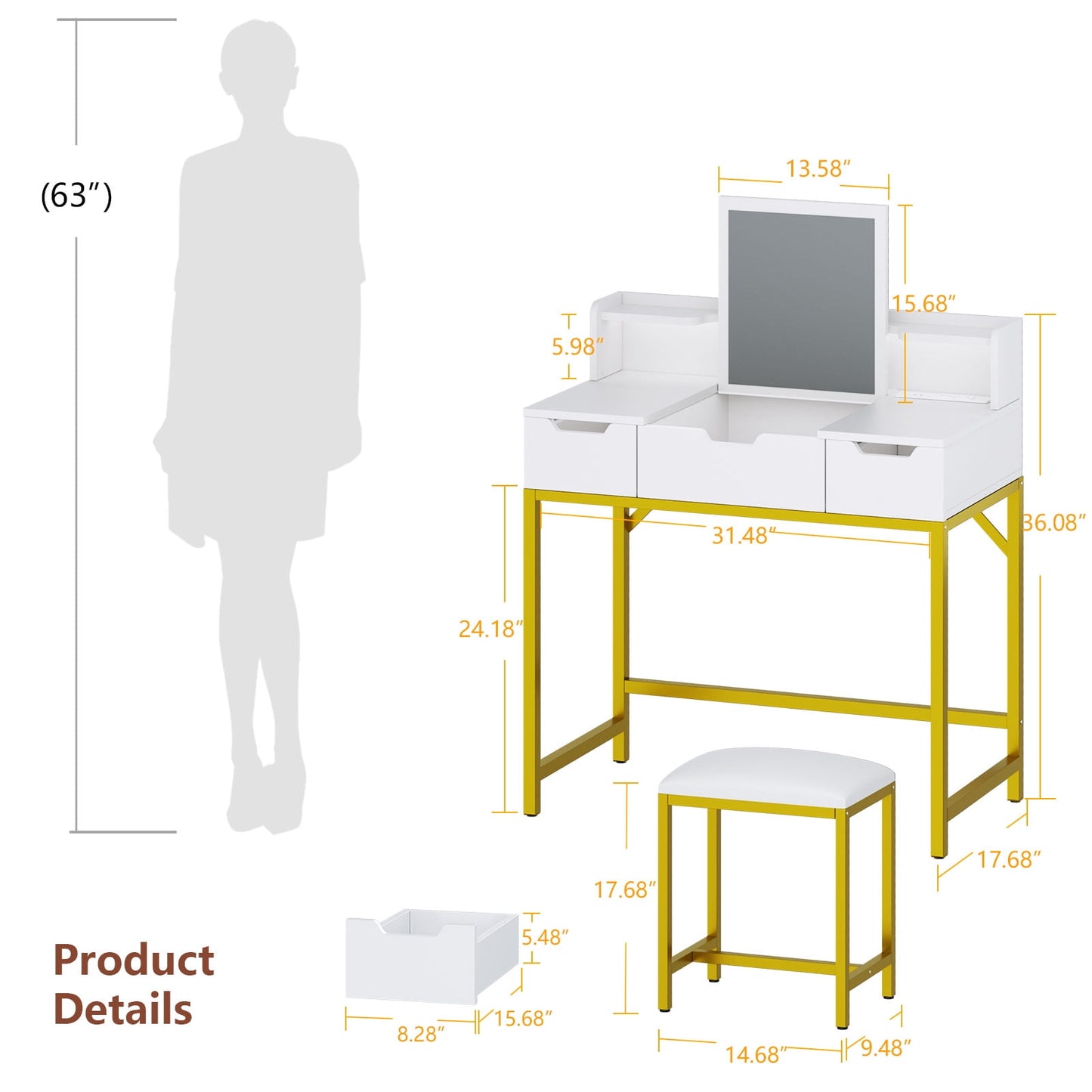 Satifur Flip-top Vanity Set, Women Dressing Table with Outlets, Makeup Vanity Desk with Mirror, Drawers & Stool