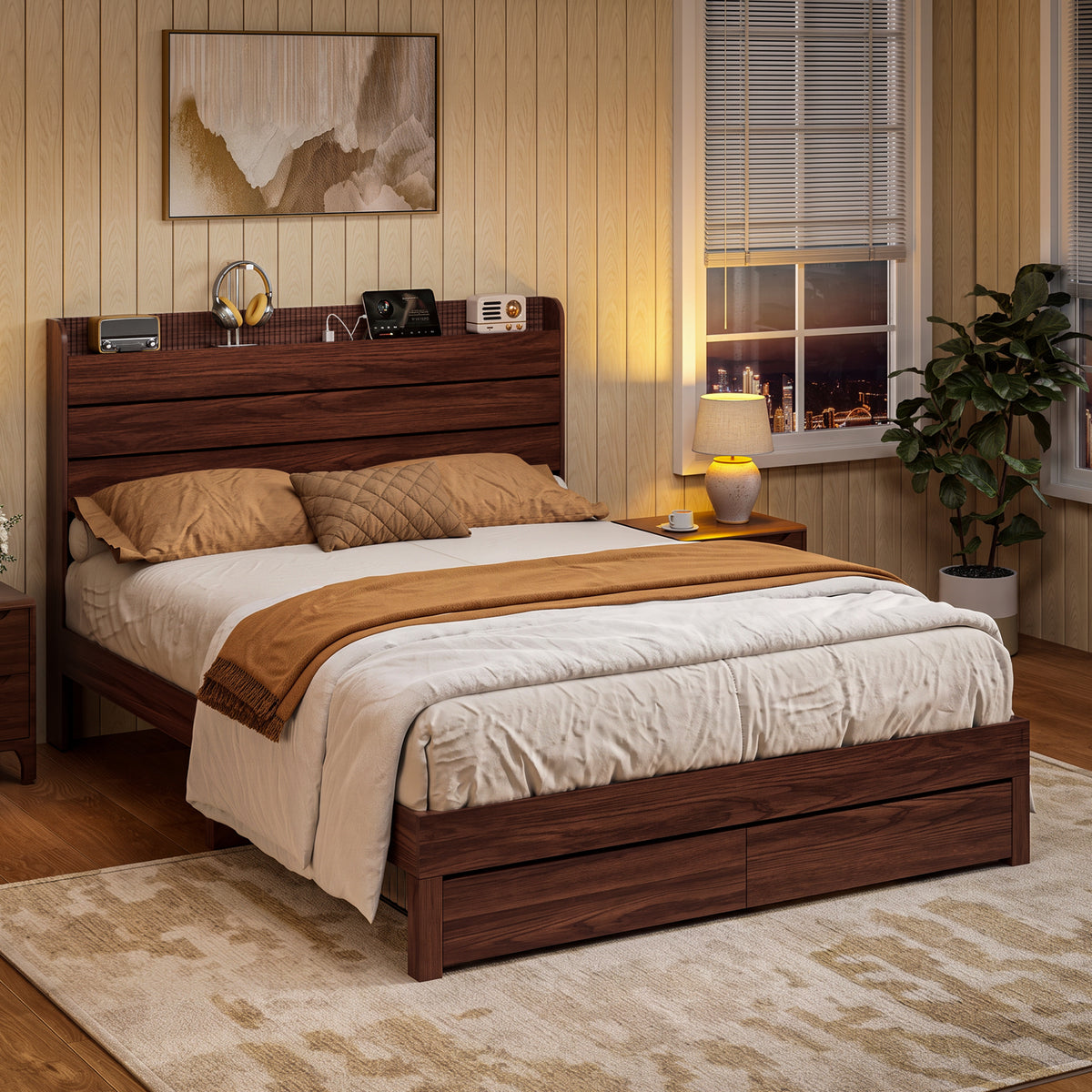 Satifur Queen Size Bed Frame with Storage Headboard & Charging Station, Wooden Platform Bed with 2 Large Storage Drawers, Heavy Duty Slats Support, No Box Spring Needed, American Walnut