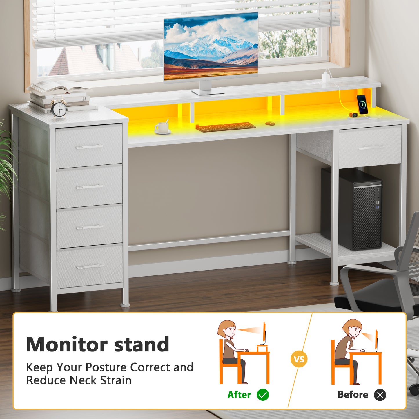 Satifur Gaming Desk with LED Lights & Power Outlets, 55" Computer Desk with 5 Fabric Drawers & Open Storage, Reversible Home Office Desk,White