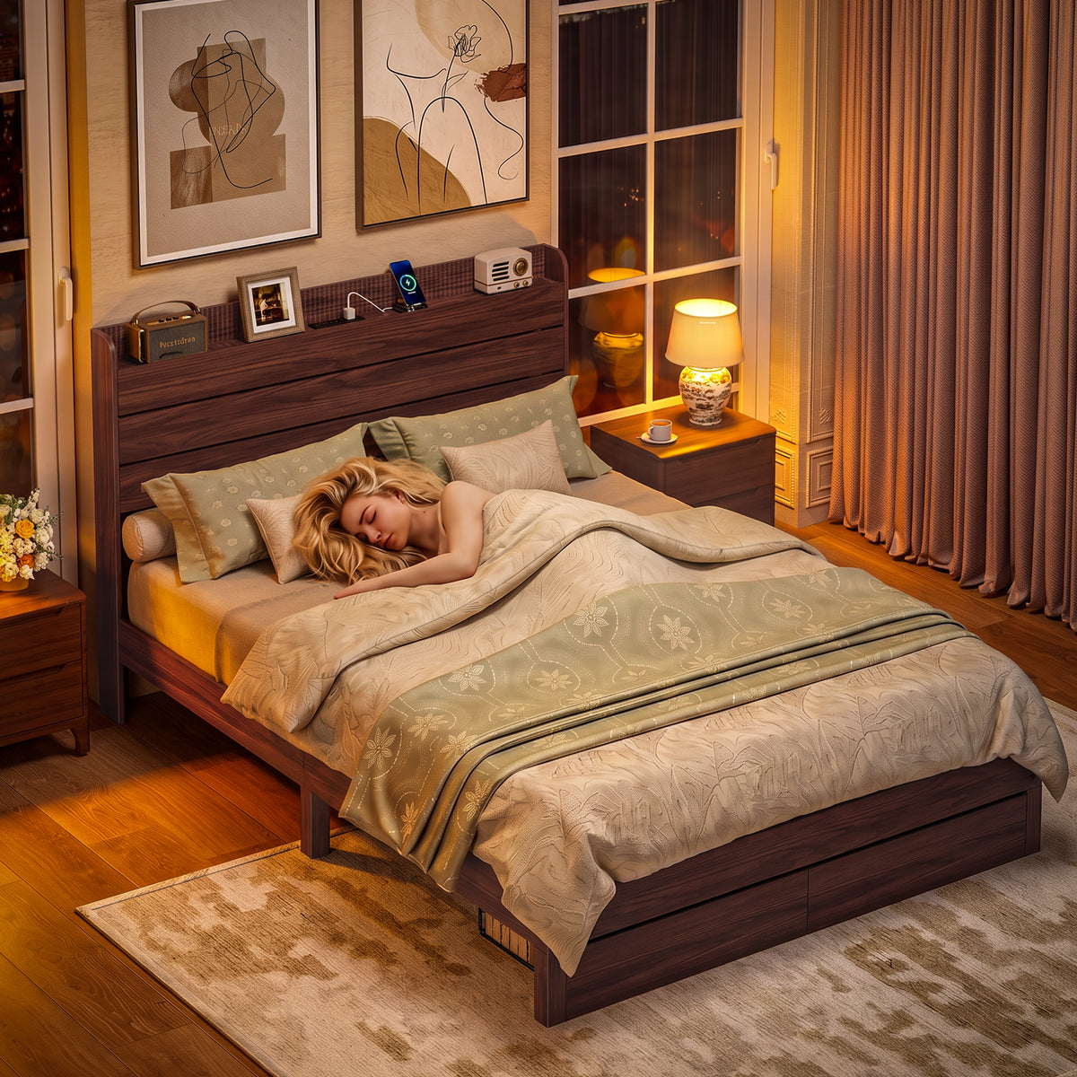 Satifur Queen Size Bed Frame with Storage Headboard & Charging Station, Wooden Platform Bed with 2 Large Storage Drawers, Heavy Duty Slats Support, No Box Spring Needed, American Walnut