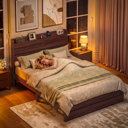 Satifur Queen Size Bed Frame with Storage Headboard & Charging Station, Wooden Platform Bed with 2 Large Storage Drawers, Heavy Duty Slats Support, No Box Spring Needed, American Walnut
