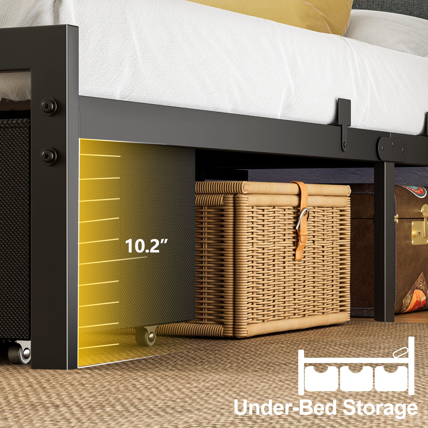 Satifur Full Bed Frame with 2 Storage Drawers and Upholstered Storage Headboard, Metal Platform Bed with Charging Station & LED, Noise-Free, No Box Spring Needed, Dark Grey & Black
