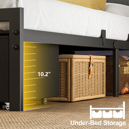 Satifur Full Bed Frame with 2 Storage Drawers and Upholstered Storage Headboard, Metal Platform Bed with Charging Station & LED, Noise-Free, No Box Spring Needed, Dark Grey & Black
