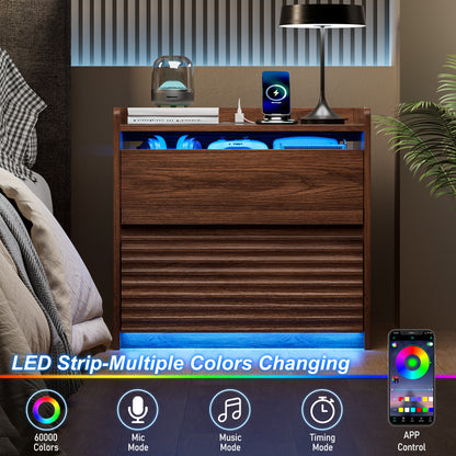 Satifur Nightstand with Charging Station & LED Lights, Smart Wooden Bedside Table with 2 Drawers, Fluted End Table, Walnut