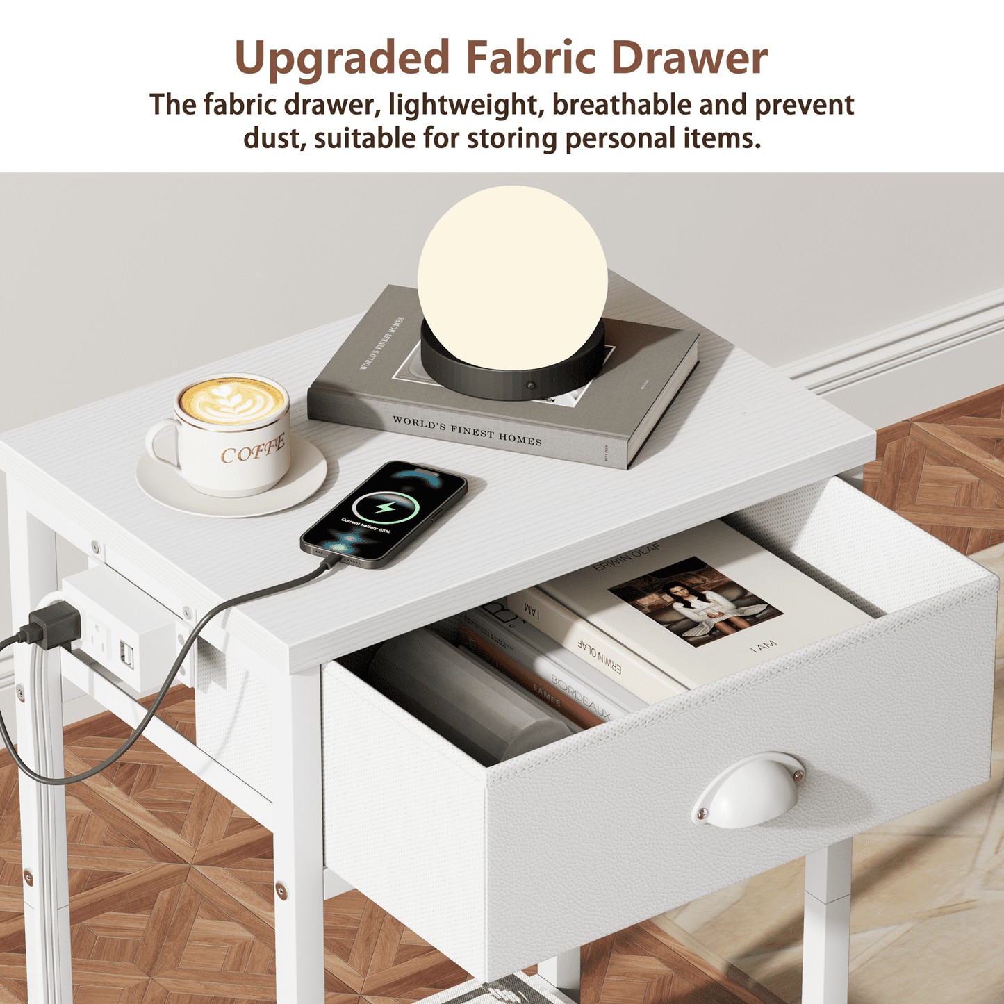 Satifur Set of 2 Nightstand with Charging Station for Bedroom,Side End Table with Outlets & USB Ports,White