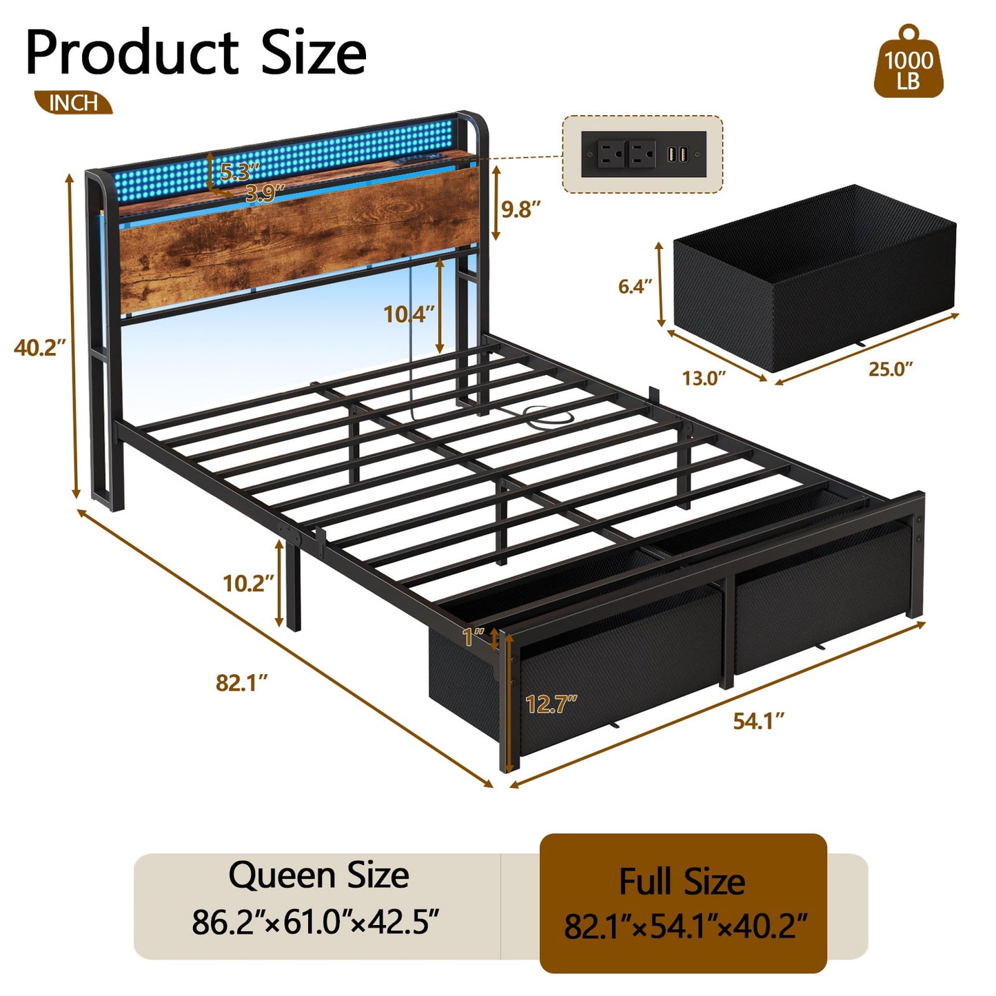 Tydimor Full Bed Frame with 2 Drawers & Storage Headboard, Platform Metal Bed with Charging Station, No Box Spring Needed