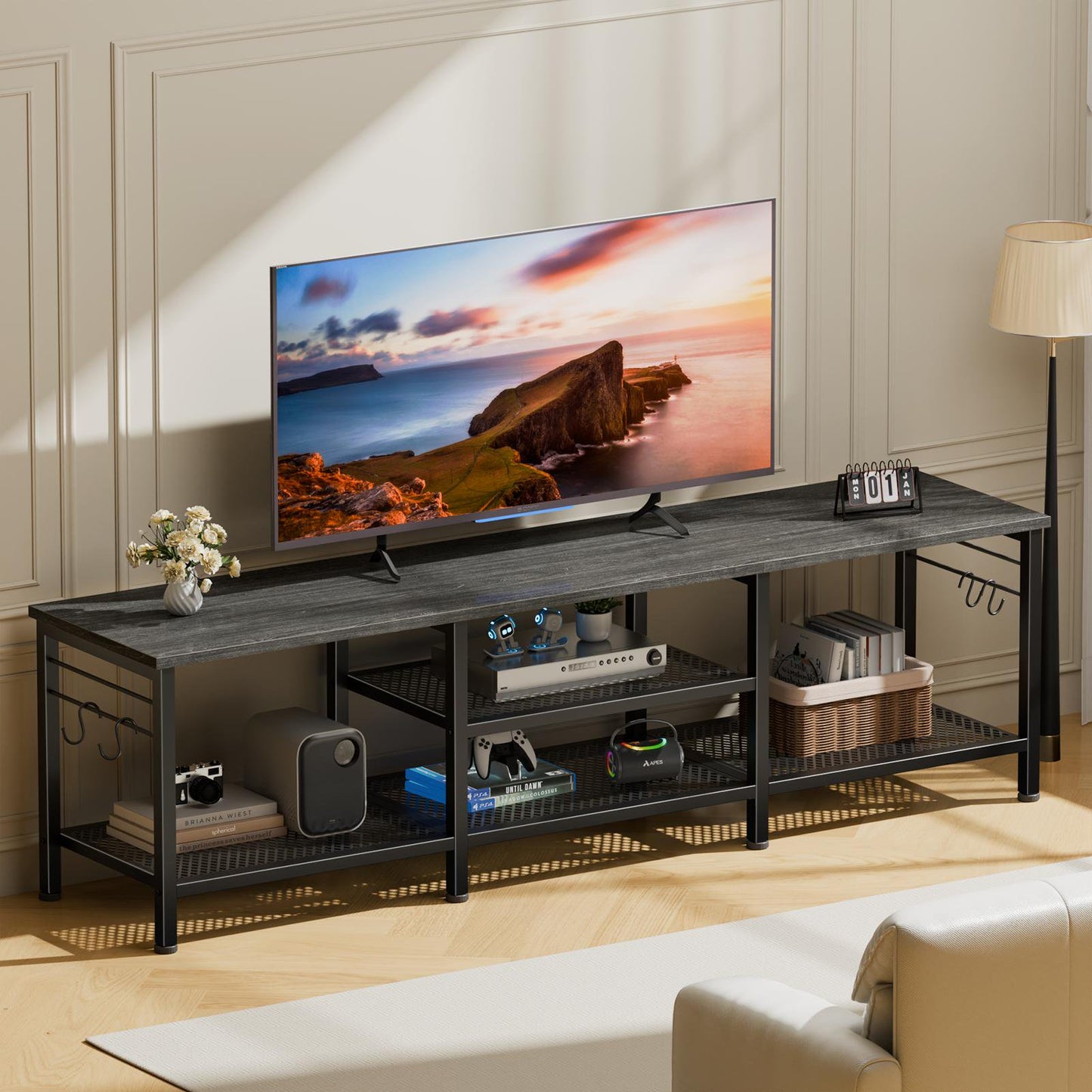 Tydimor Modern TV Stand for TVs up to 70" TVs, Media Console Table for Living Room, Entertainment Center with Storage, Light Black Oak