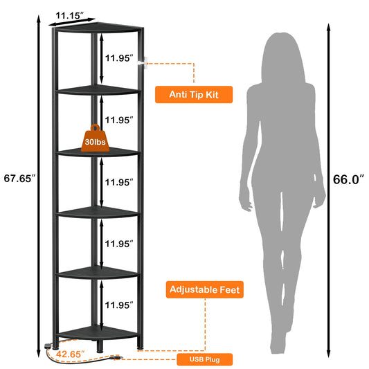 Satifur Corner Shelf Bookcase with LED Light Strip, 6-Tier Corner Bookshelf for Living Room, Bedroom
