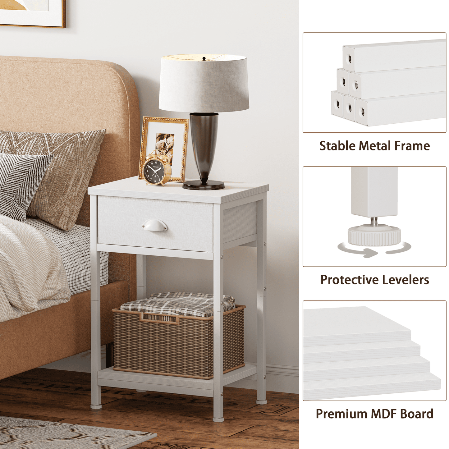 Satifur Set of 2 Nightstand for Bedroom,3-Tier End Table with Drawer,White
