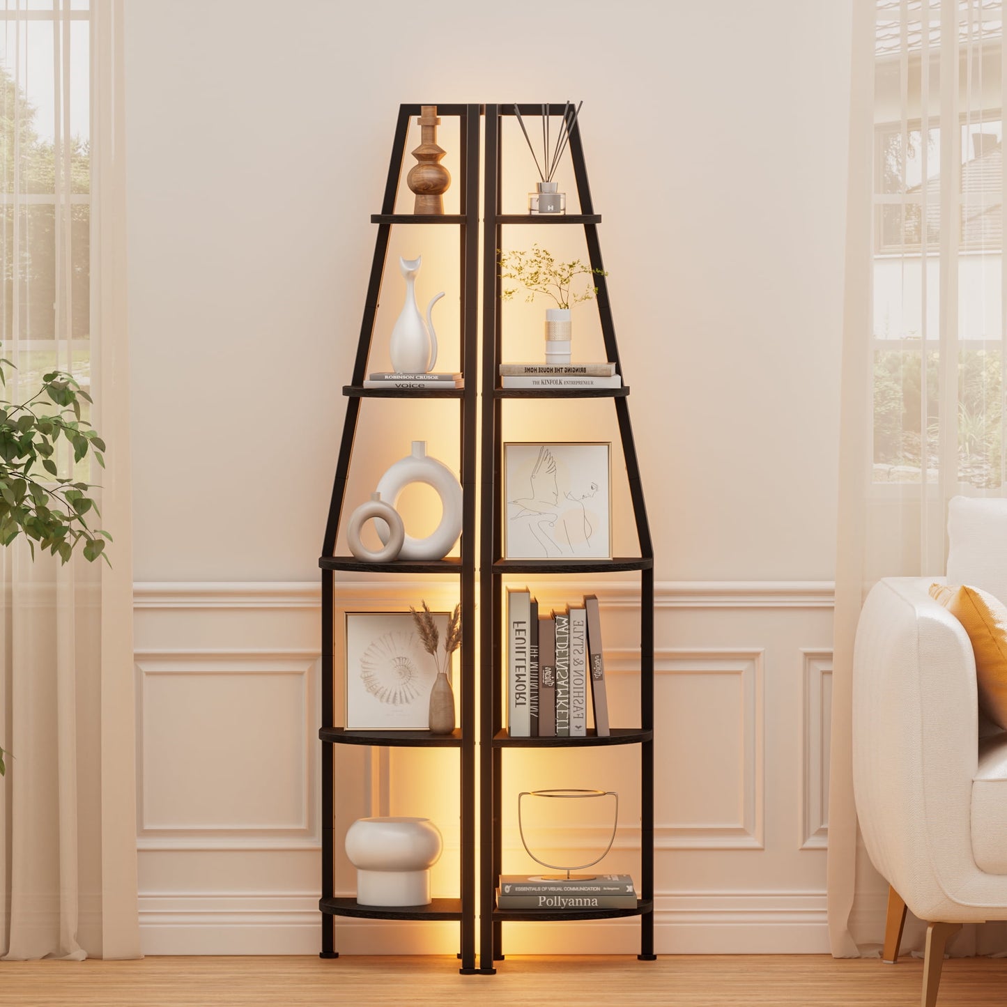 Satifur Corner Shelf Space Saving Freestanding Bookcase with LED Light Strip, Corner Bookshelf for Living Room Bedroom, Black
