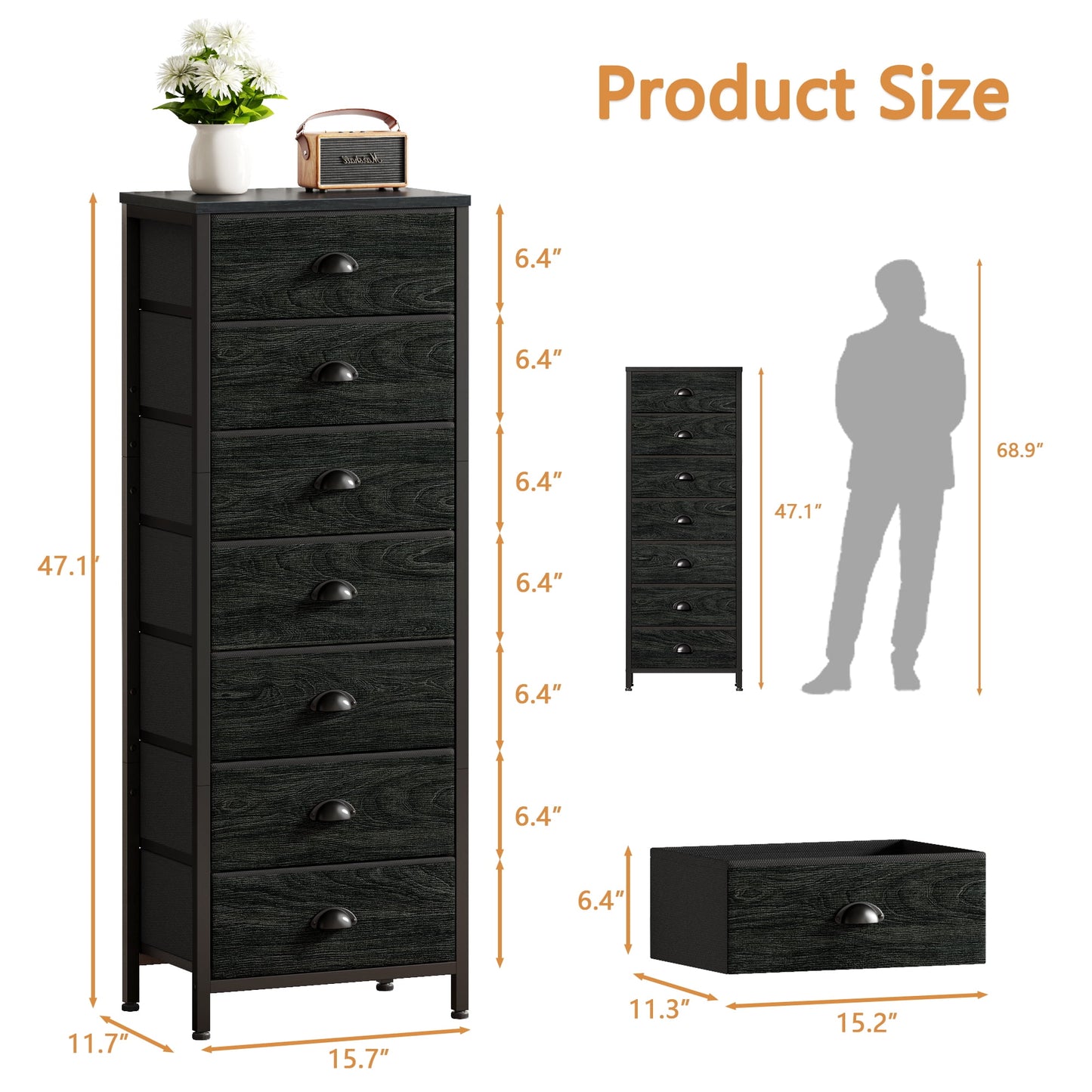 Satifur 7-Drawer Tall Dresser Bedside Fabric Nightstand Closet Organizer Unit with Storage,Black Oak