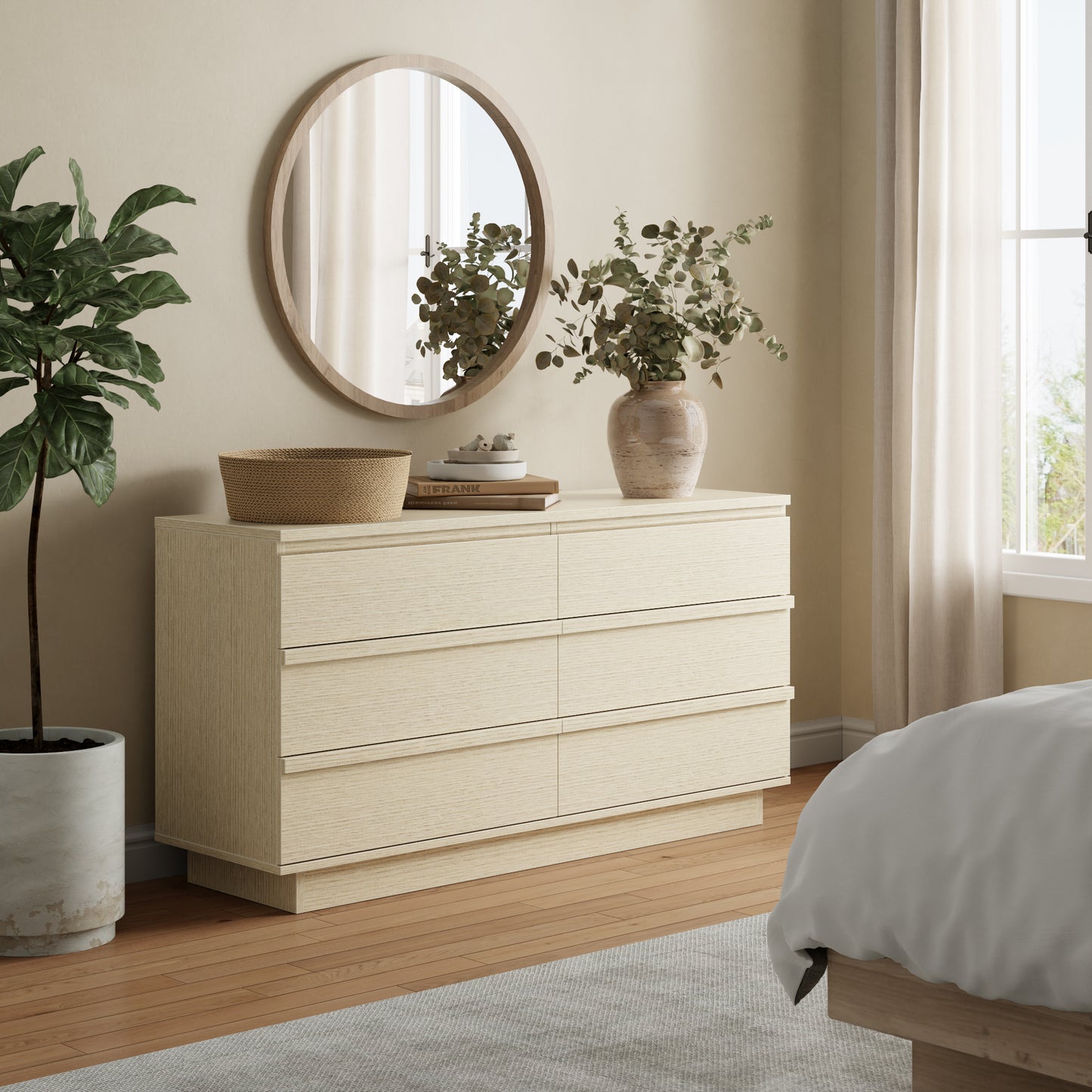 Tydimor 6 Drawer Dresser, 47" Wide Chest of Drawers with Beveled Handles, Wood Grain Storage Cabinet & TV Stand, Light Oak