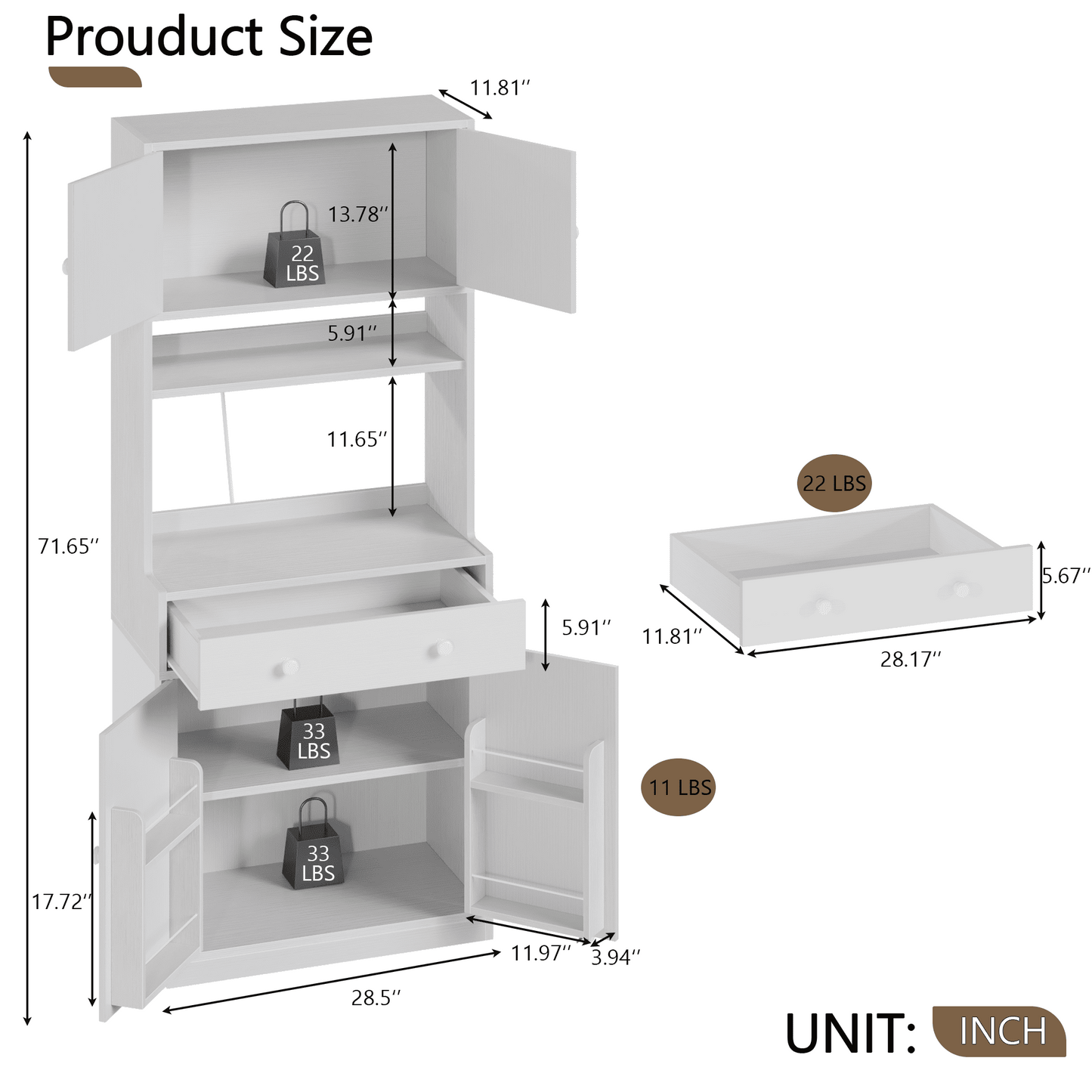 Hexmn 72" Kitchen Pantry Storage Cabinet with Doors & Shelves, Wood Buffet Cabinet with Microwave Stand, Tall Hutch Cabinet for Dining Room, White
