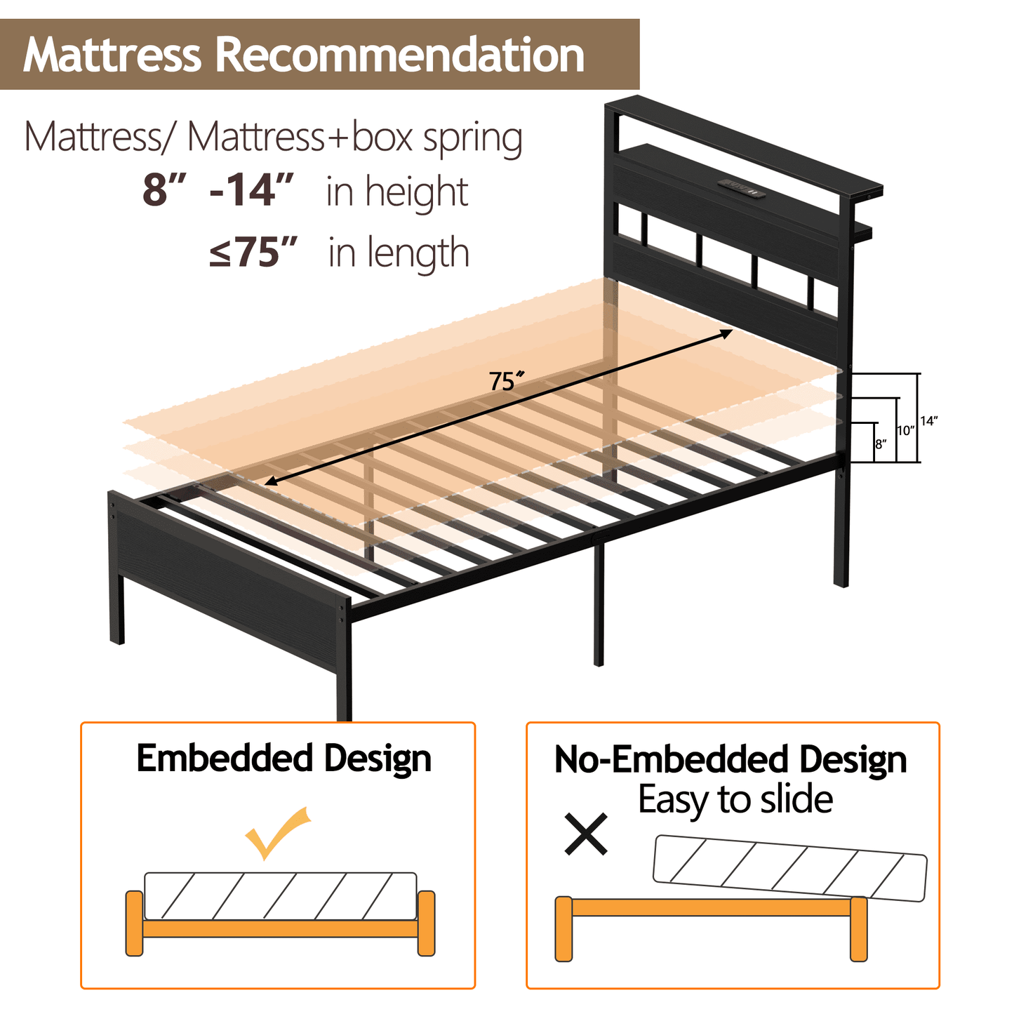 Hexmn LED Lights Twin Bed Frame with Headboard, Standard Storage Bed Platforrm with Storage Underbed, No Box Spring Needed