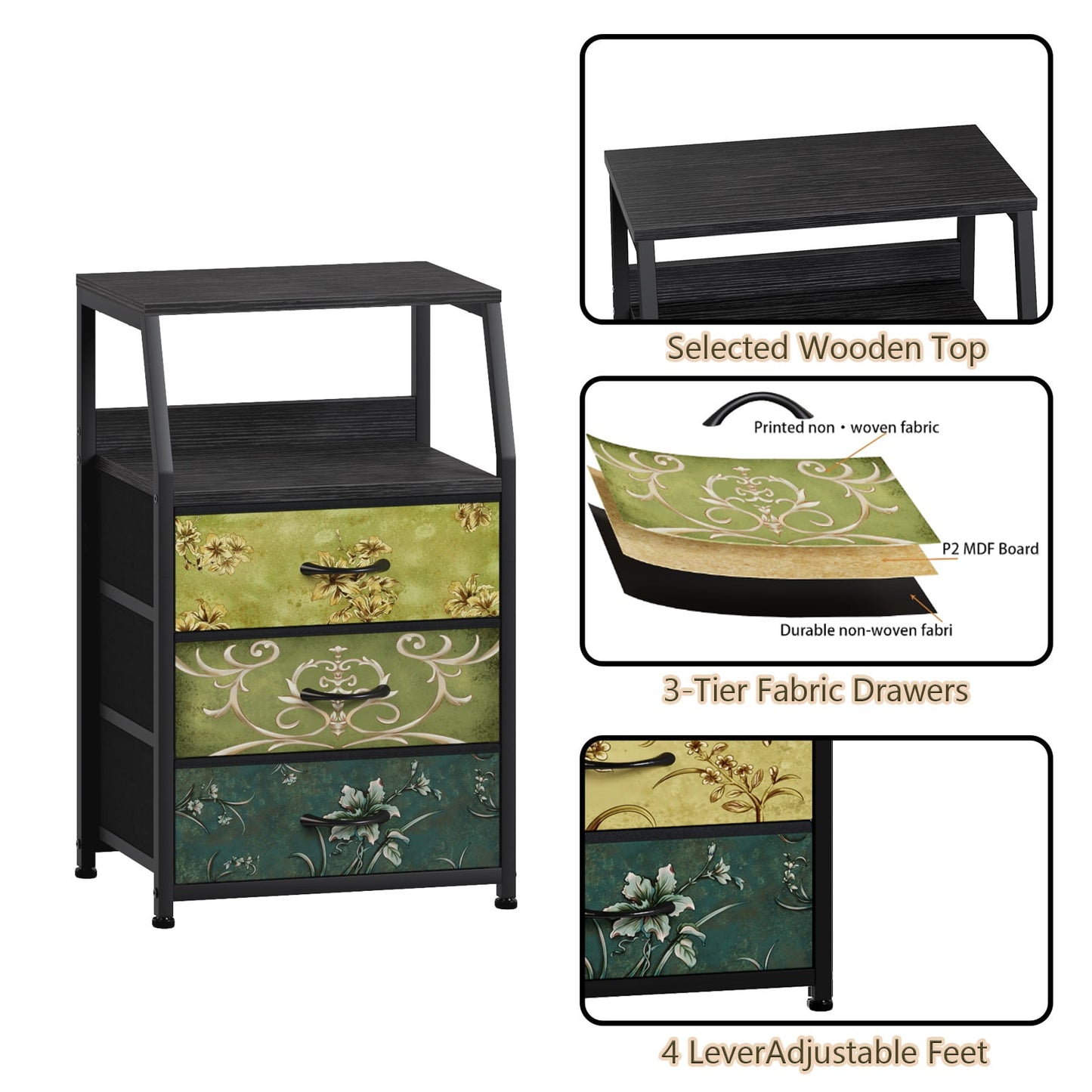 Satifur 3-Drawer Nightstand,Bedside Fabric Dresser Storage Chest of Drawers,Retro Flower