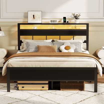Tydimor LED Lighting Bed Frames Queen with Headboard Storage Shelves, USB Ports Queen Size Platform Bed Frame Steel Slats Support