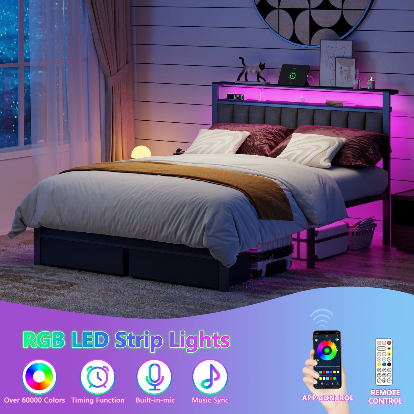 Satifur Queen Bed Frame with 2 USB Ports & Upholstered Headboard & 2 Storage Drawers, Black