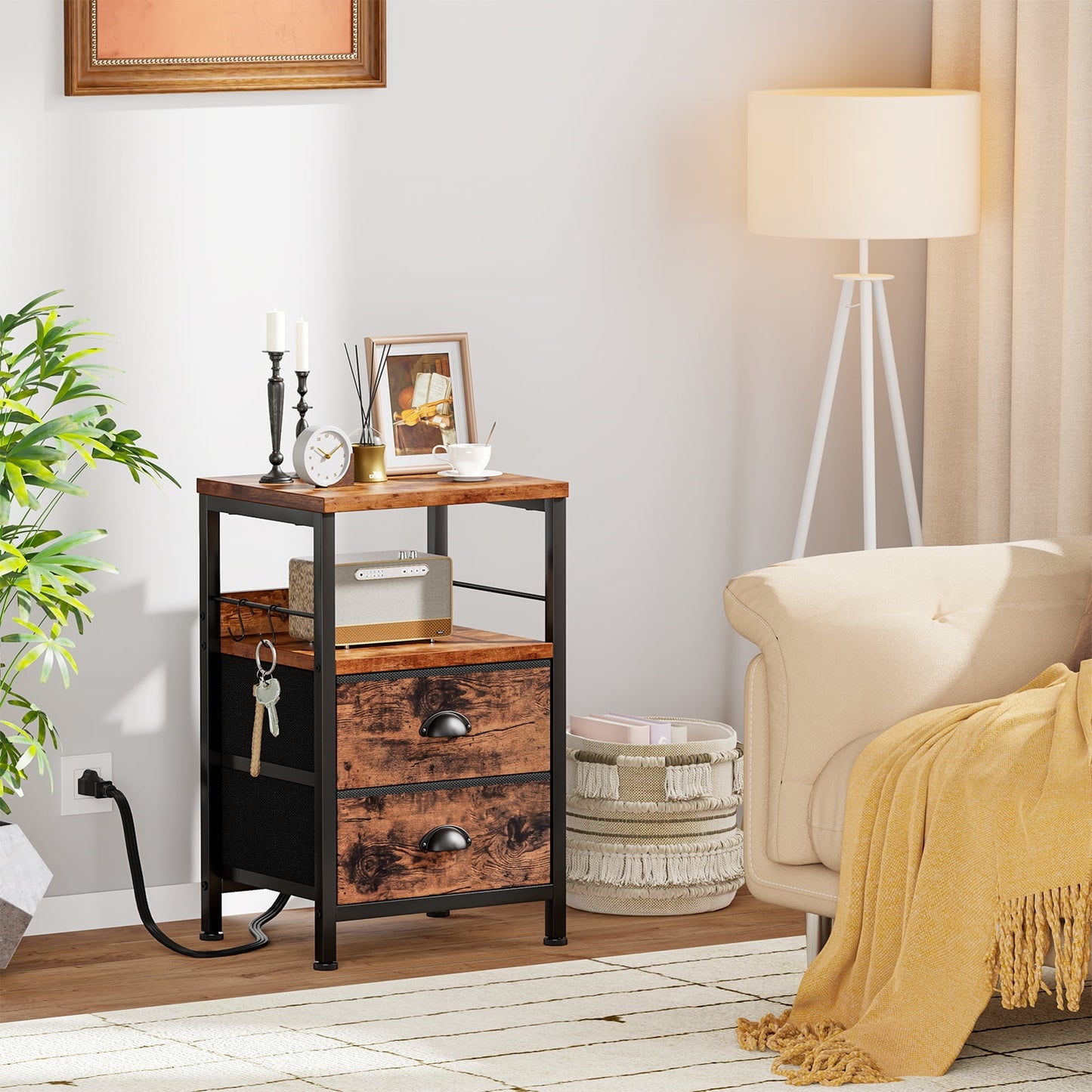 Satifur Nightstand with Charging Station, Bedside End Table with Fabric Drawers,Outlets & USB Ports, Rustic Brown