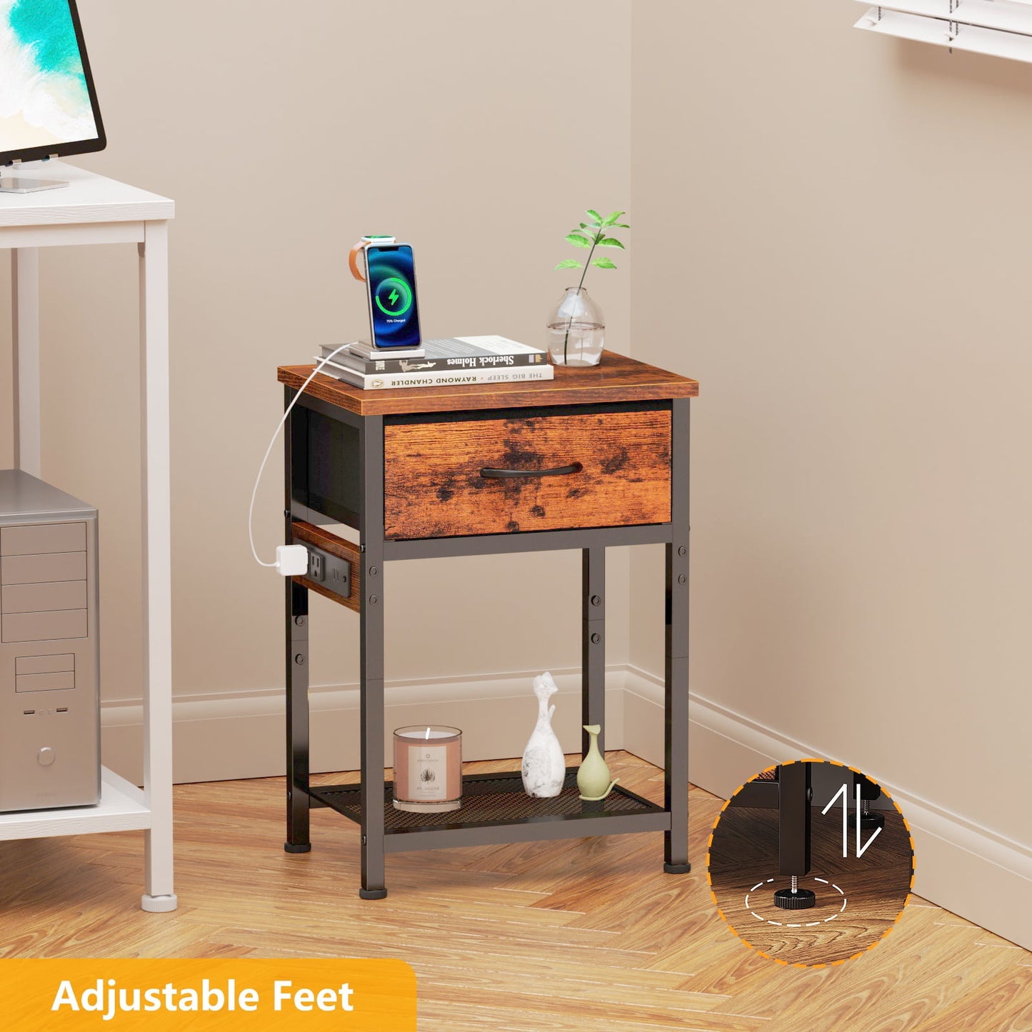 Satifur Nightstand with Charging Station for Bedroom,Side End Table with Outlets & USB Ports,Rustic Brown