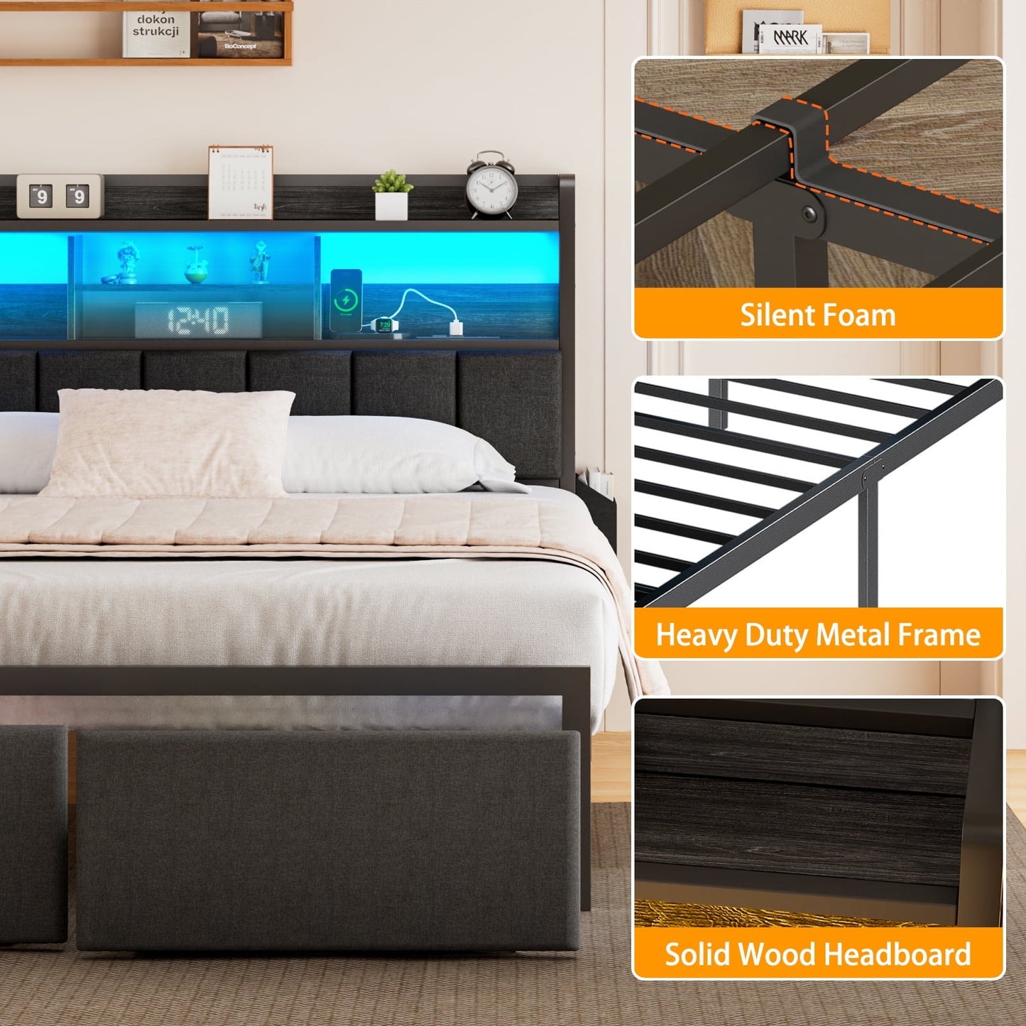 Hexmn Queen Size Bedroom Furniture Sets with Upholstered Storage Headboard & Outlets, LED Lights Standard Bed con Cajones, Niose Free