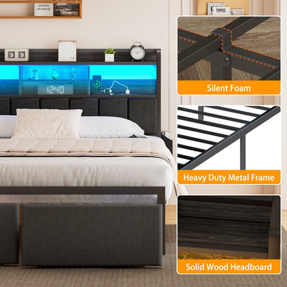 Hexmn Queen Size Bedroom Furniture Sets with Upholstered Storage Headboard & Outlets, LED Lights Standard Bed con Cajones, Niose Free