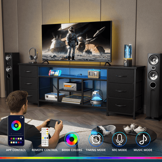 Tydimor Modern TV Stand for TVs up to 80", LED Entertainment Center with Power Outlets and 6 Drawers, Media Console with Storage for Living Room, Black