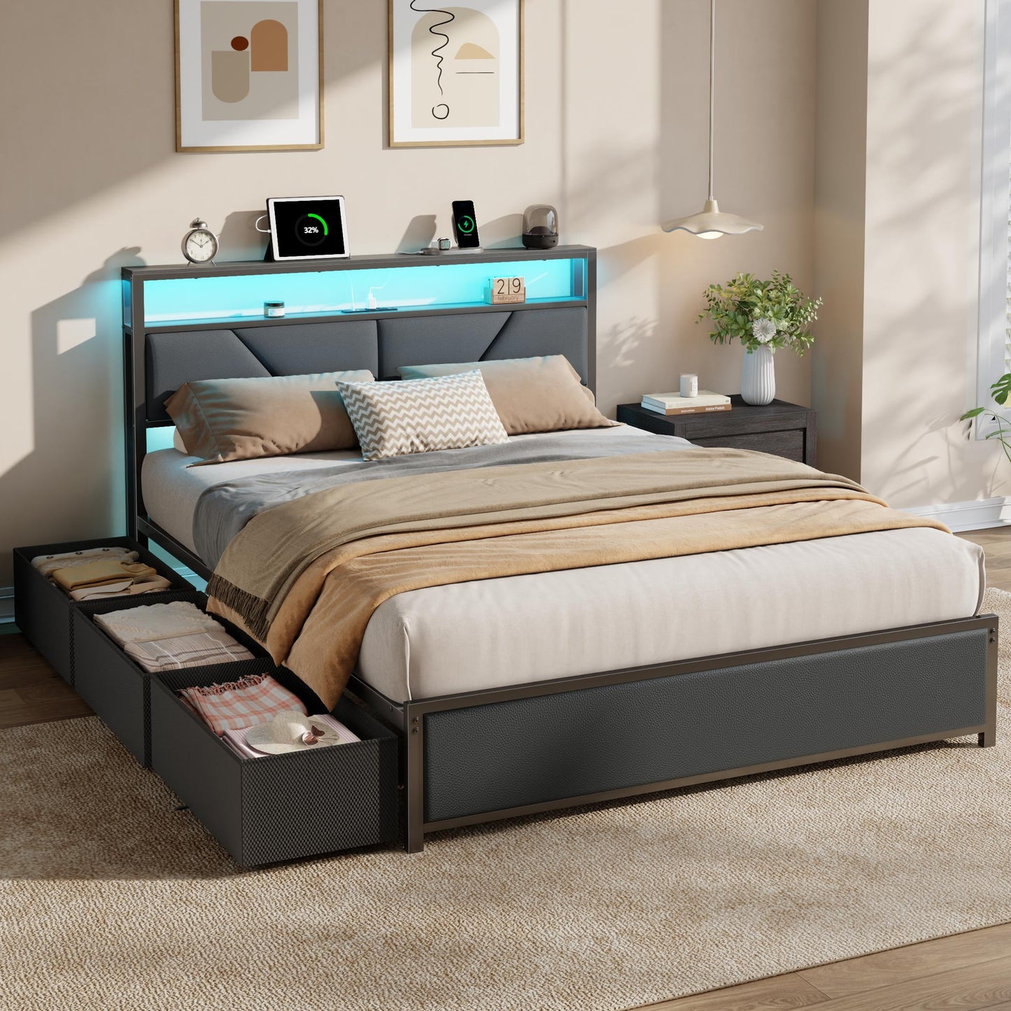 Tydimor Full Bed Frame with 6 Storage Drawers, Metal Platform Bed Frame with 2-Tier Upholstered Storage Headboard & LED, Built in Charging Station, Noise-Free, No Box Spring Needed, Black