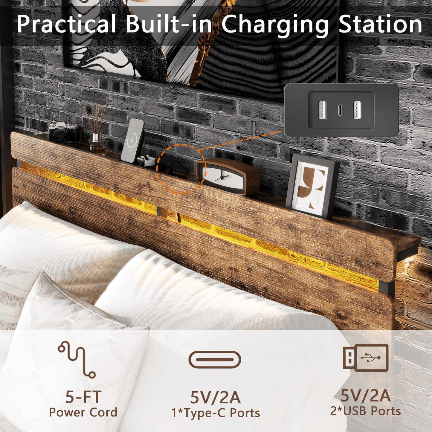 Tydimor Queen Size Bed Frame with 2 Drawers & LED Lights & Charging Station, Beds with Headboard & 10.10" Under Bed Storage, No Box Spring Needed, Easy Assembly, Rustic Brown