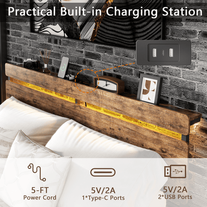 Tydimor Queen Size Bed Frame with 2 Drawers & LED Lights & Charging Station, Beds with Headboard & 10.10" Under Bed Storage, No Box Spring Needed, Easy Assembly, Rustic Brown
