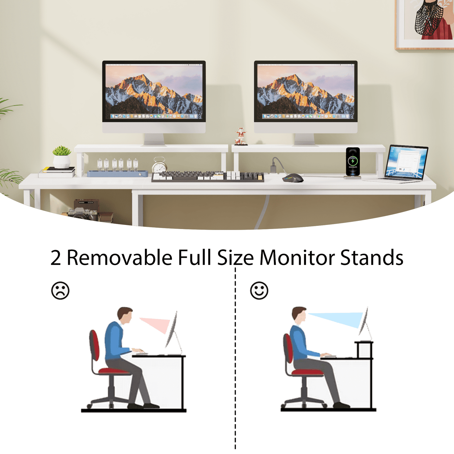 Satifur Office Desk with Drawers and Charging Station, Gaming Desk with Movable Monitor Stands, Corner Desk with Storage Shelves and File Cabinet, White