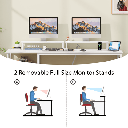Satifur Office Desk with Drawers and Charging Station, Gaming Desk with Movable Monitor Stands, Corner Desk with Storage Shelves and File Cabinet, White