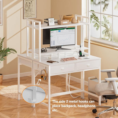 Furologee Small White Computer Desk with Power Outlet and 2 Fabric Drawers, Gaming Desk with LED Light, Home Office Desk with Monitor Stand and Hutch, Study Table with Shelf