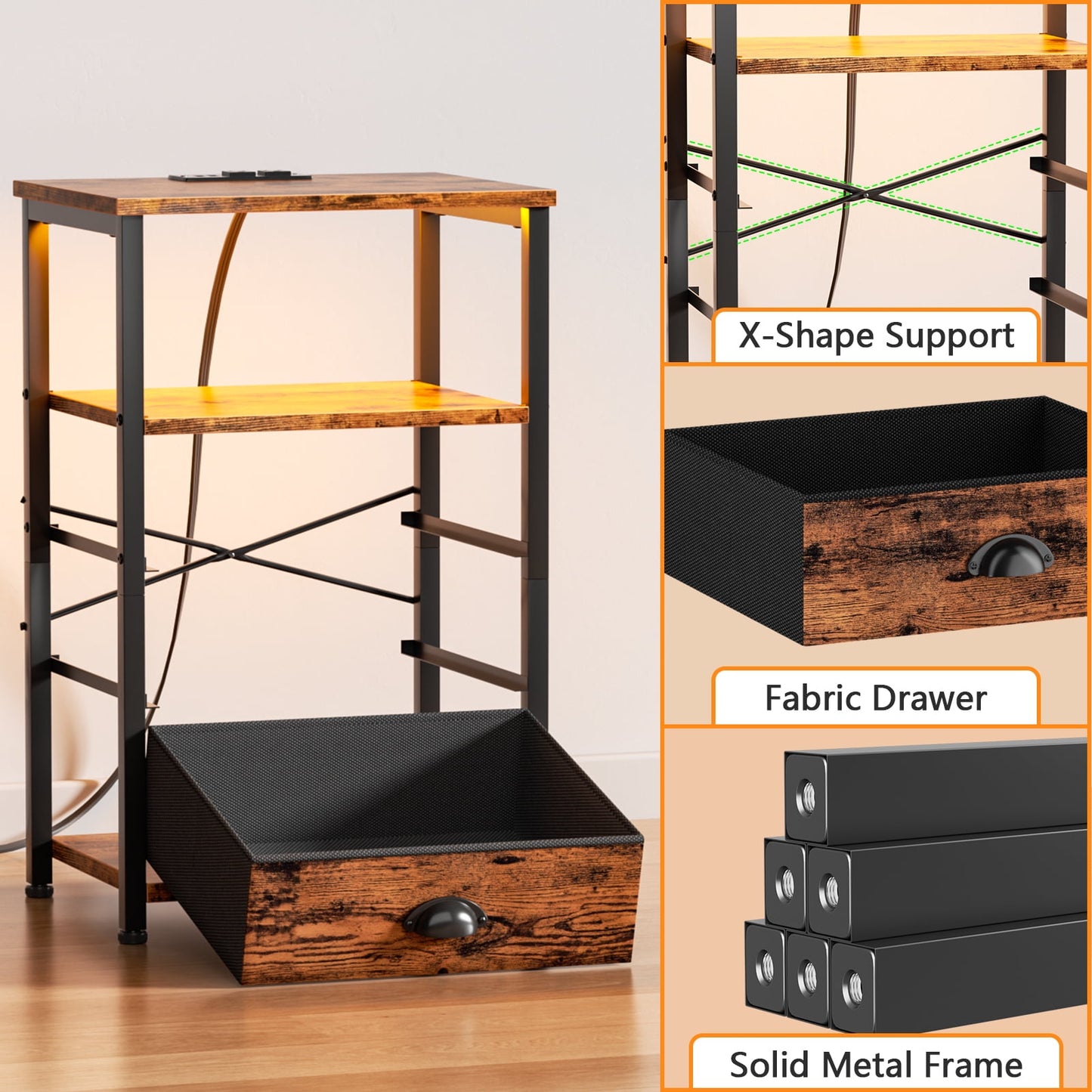 Satifur Side Table with Light, Charging Station, Rustic Brown Nighstand for Bedroom, Living Room