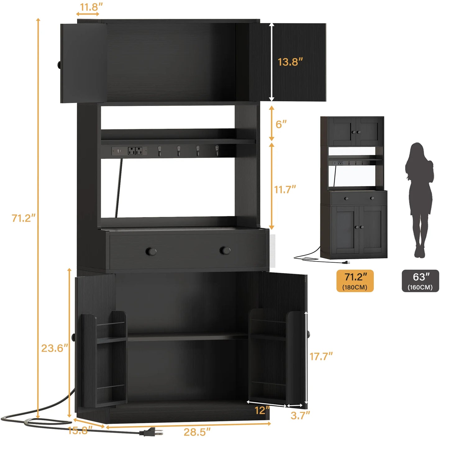 TYDIMOR Kitchen Pantry Storage Cabinet with Doors & Shelves, Wood Buffet Cabinet with Microwave Stand, Tall Hutch Cabinet for Dining Room, Black