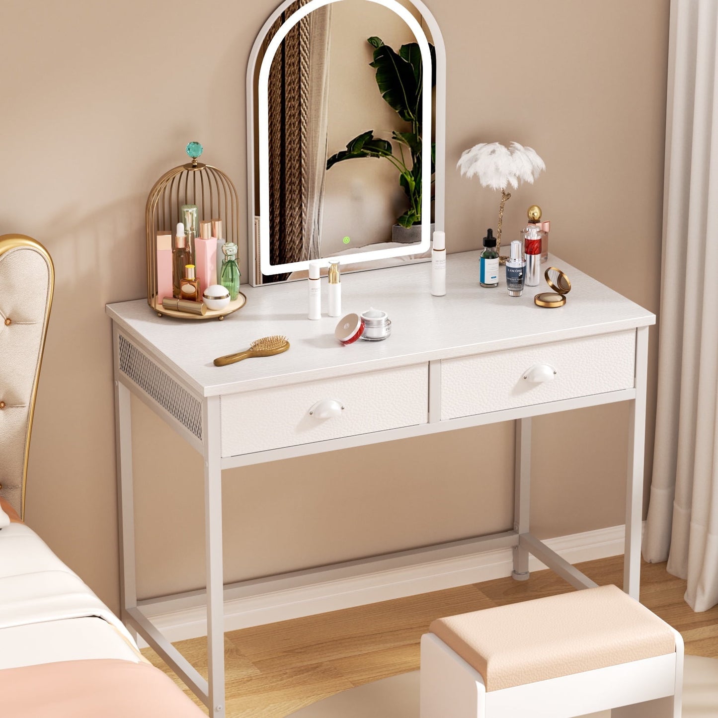 Hexmn White Computer Desk with 2 Fabric Drawers for Office Home